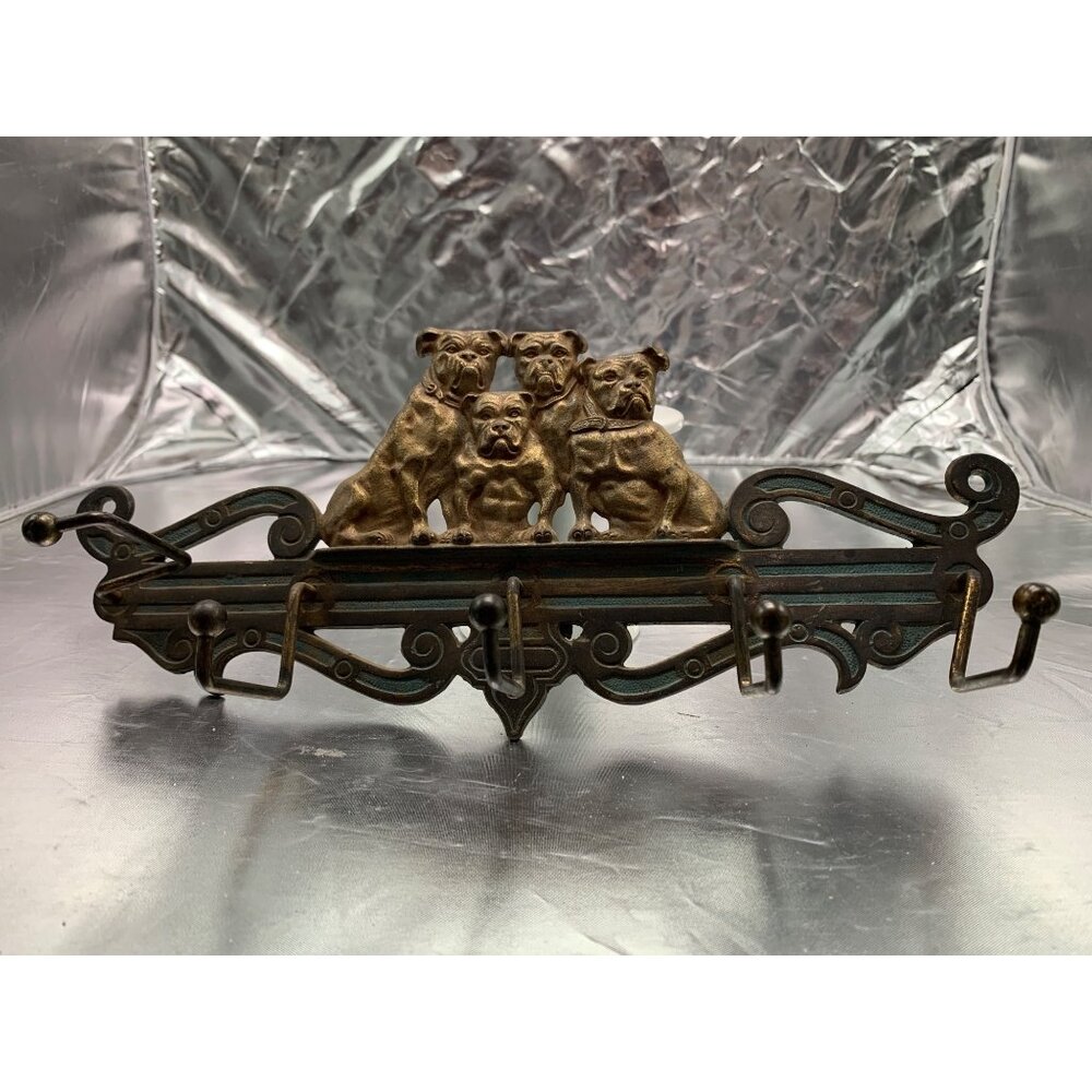 HL Judd Vintage Cast Iron Bulldogs Wall Hook Rack Ornate Design & Patina Finish